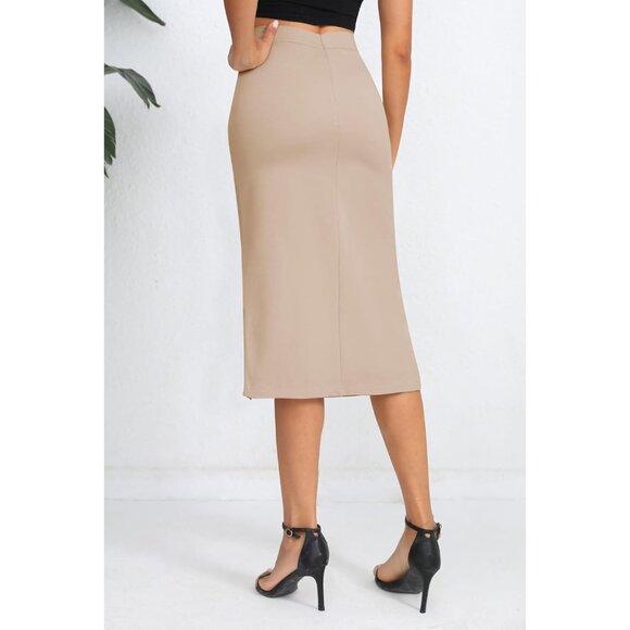 Women's Khaki Stretch Office Fishtail Pencil High Waist Bodycon Slit Midi Skirt - Picture 6 of 6
